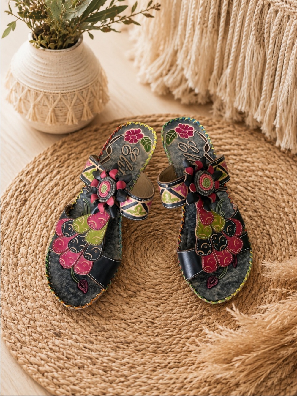Elite by Corey’s Floral Multi-Color Leather Slide Sandals - Black/Multicolor